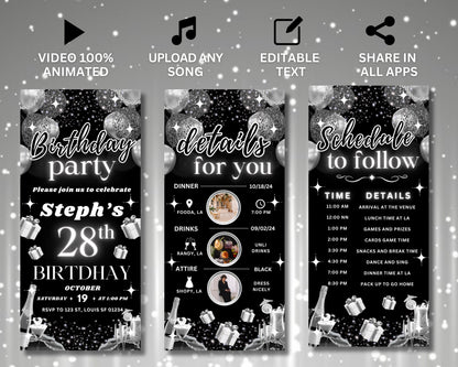 Black and white birthday invitation Animated birthday invitation Birthday party invite template Digital birthday Birthday party Party invitation design Invitation template Birthday celebration Online invitation Invitation maker