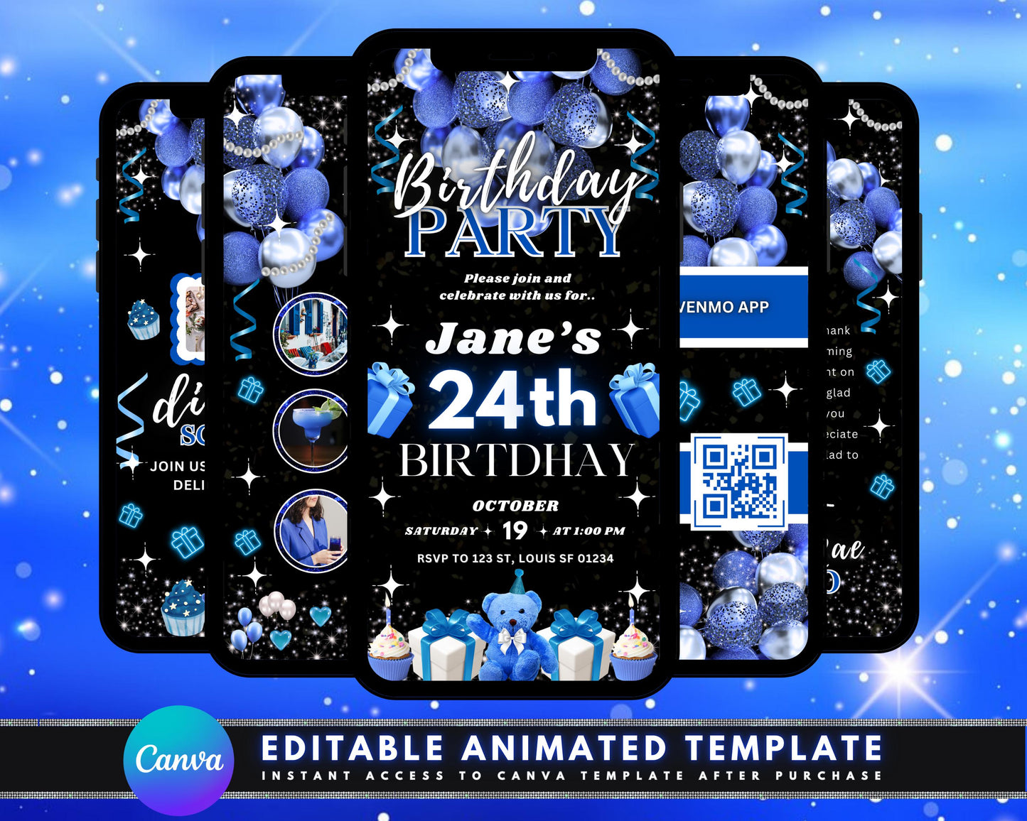 blue and silver birthday invitation animated birthday invitation birthday party invite template digital birthday birthday party party invitation design invitation template birthday celebration online invitation invitation maker