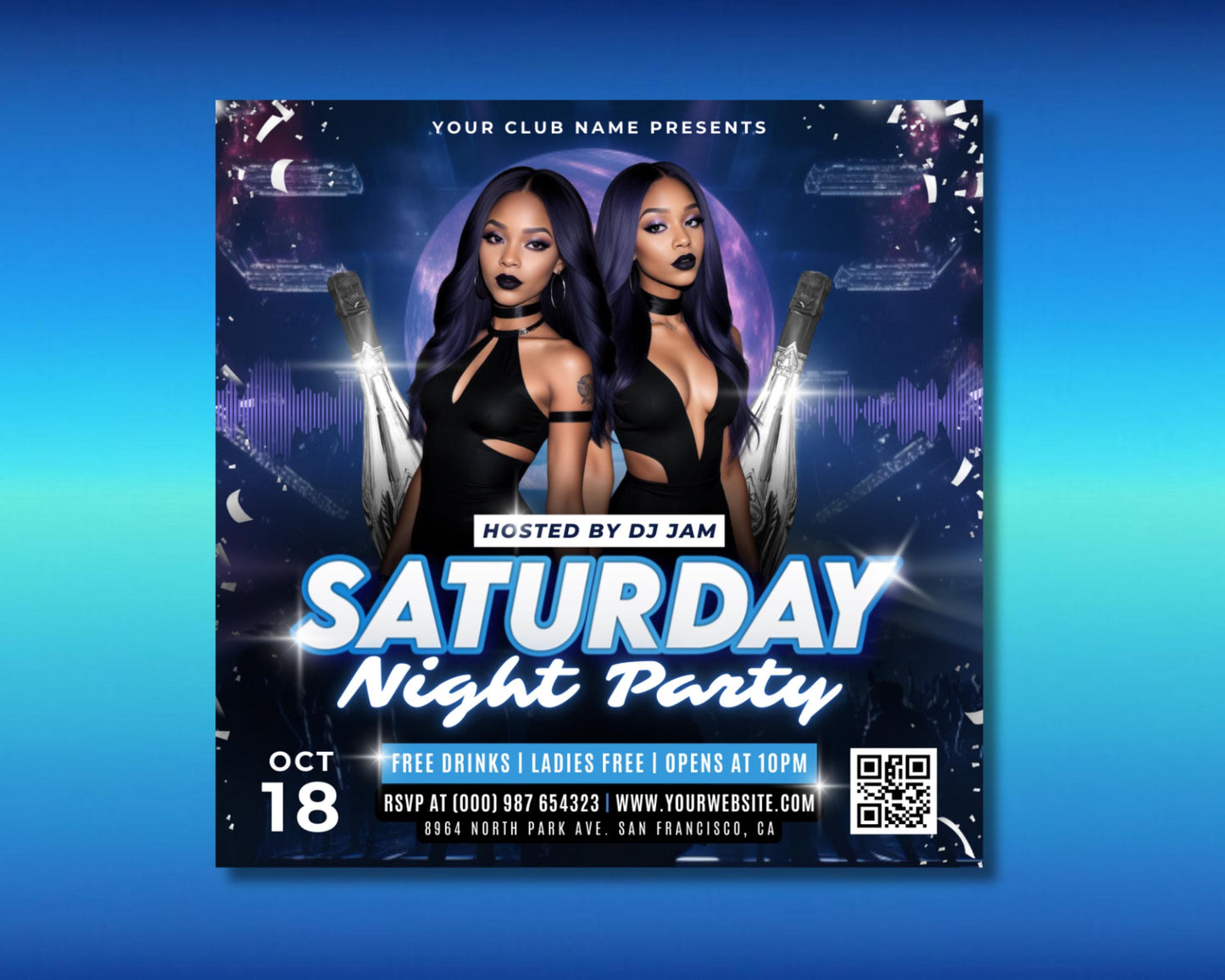 ladies night saturday night club party nightlife party flyer event flyer flyer design graphic design template free drinks happy hour discounts live music dj dance floor special offers vip area dress code theme party cocktail glass champagne