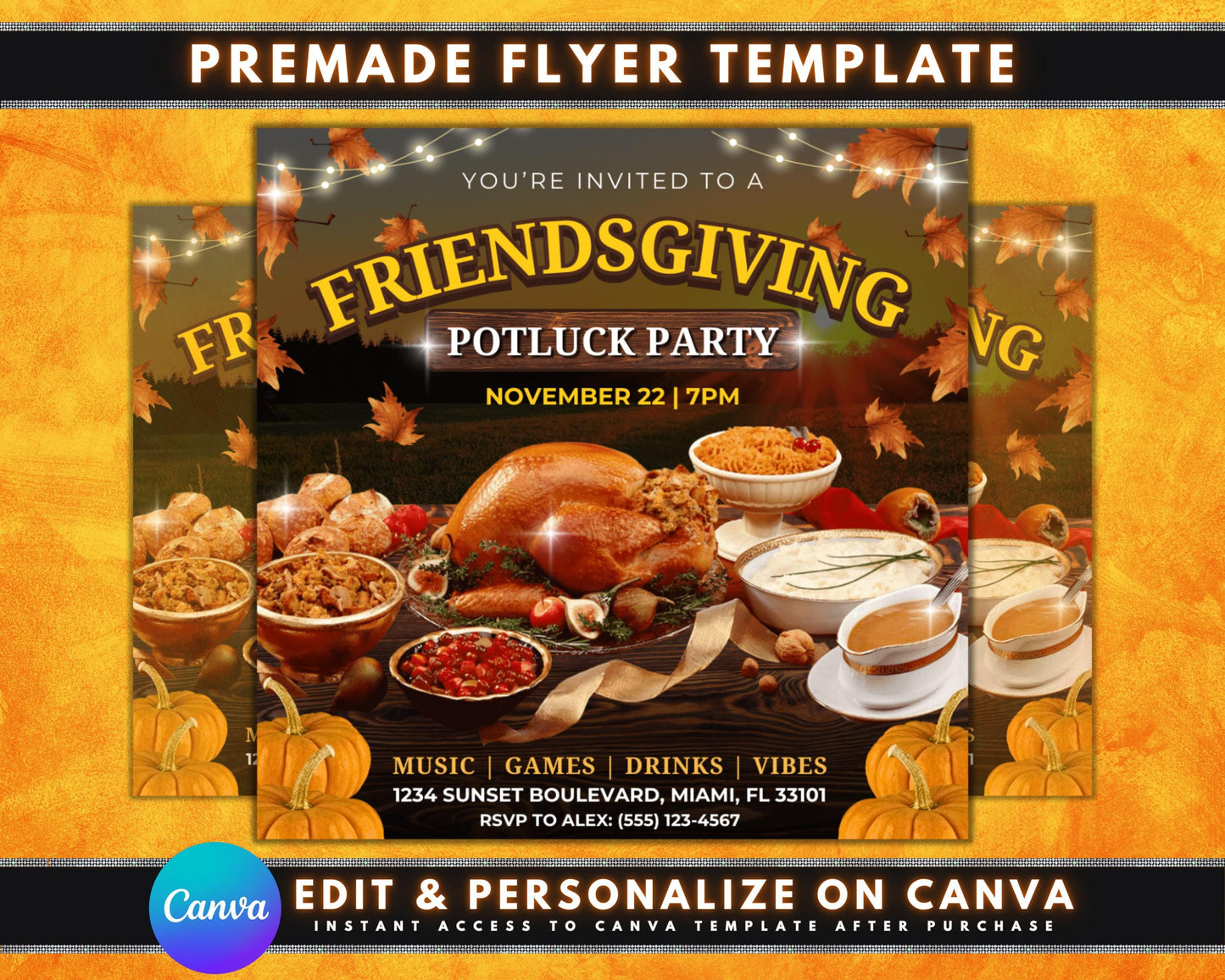 friendsgiving potluck thanksgiving dinner party friends family food drinks gather together celebrate autumn leaves turkey pumpkin cornucopia pilgrims indians table setting food spread music drinks potluck dishes decorations games activities rsvp now