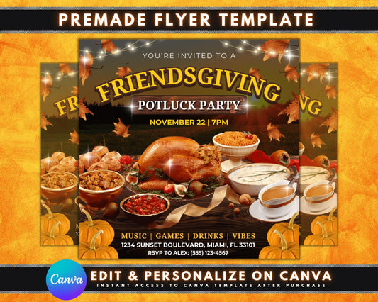 Friendsgiving Potluck Thanksgiving Dinner party Friends Family Food Drinks Gather together Celebrate Autumn leaves Turkey Pumpkin Cornucopia Pilgrims Indians Table setting Food spread music drinks Potluck dishes Decorations Games Activities RSVP now