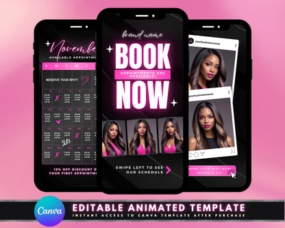 Animated booking template Beauty booking Salon booking Spa booking template online bookings Appointment Sleek online scheduling Eye-catching beauty booking Beauty salons Spa Hair salons Nail salons Makeup artists Beauty businesses Wellness businesses