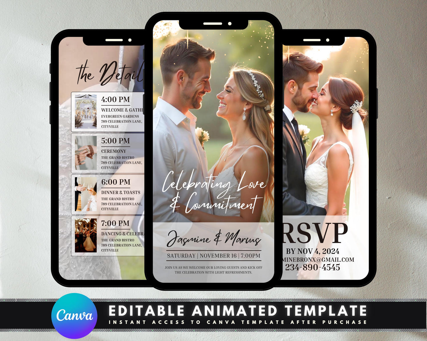 animated wedding invitation digital animated wedding invitation wedding video invitation online e-invite motion graphics custom personalized animation video editing sound design wedding dress suit rings hearts flowers cake champagne dancing kissing