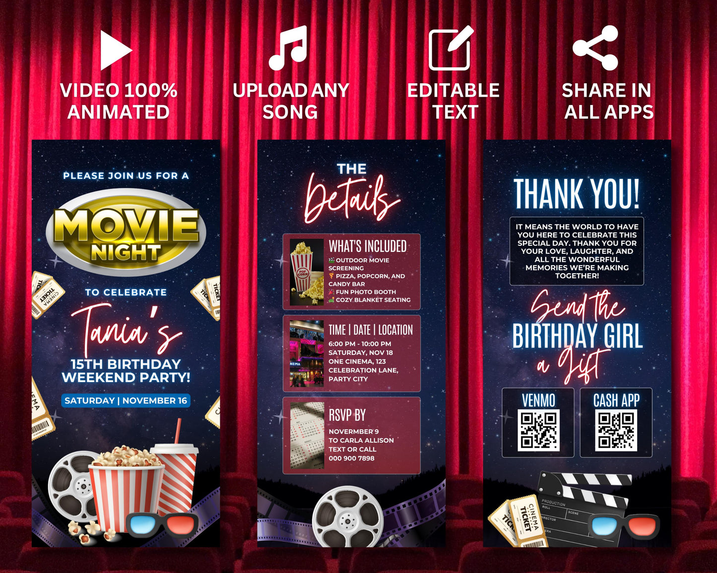 birthday party movie night animation cartoon fun family-friendly festive colorful exciting popcorn soda movie theater red carpet awards show costumes prizes games contests pop art vintage movie posters neon signs retro graphics