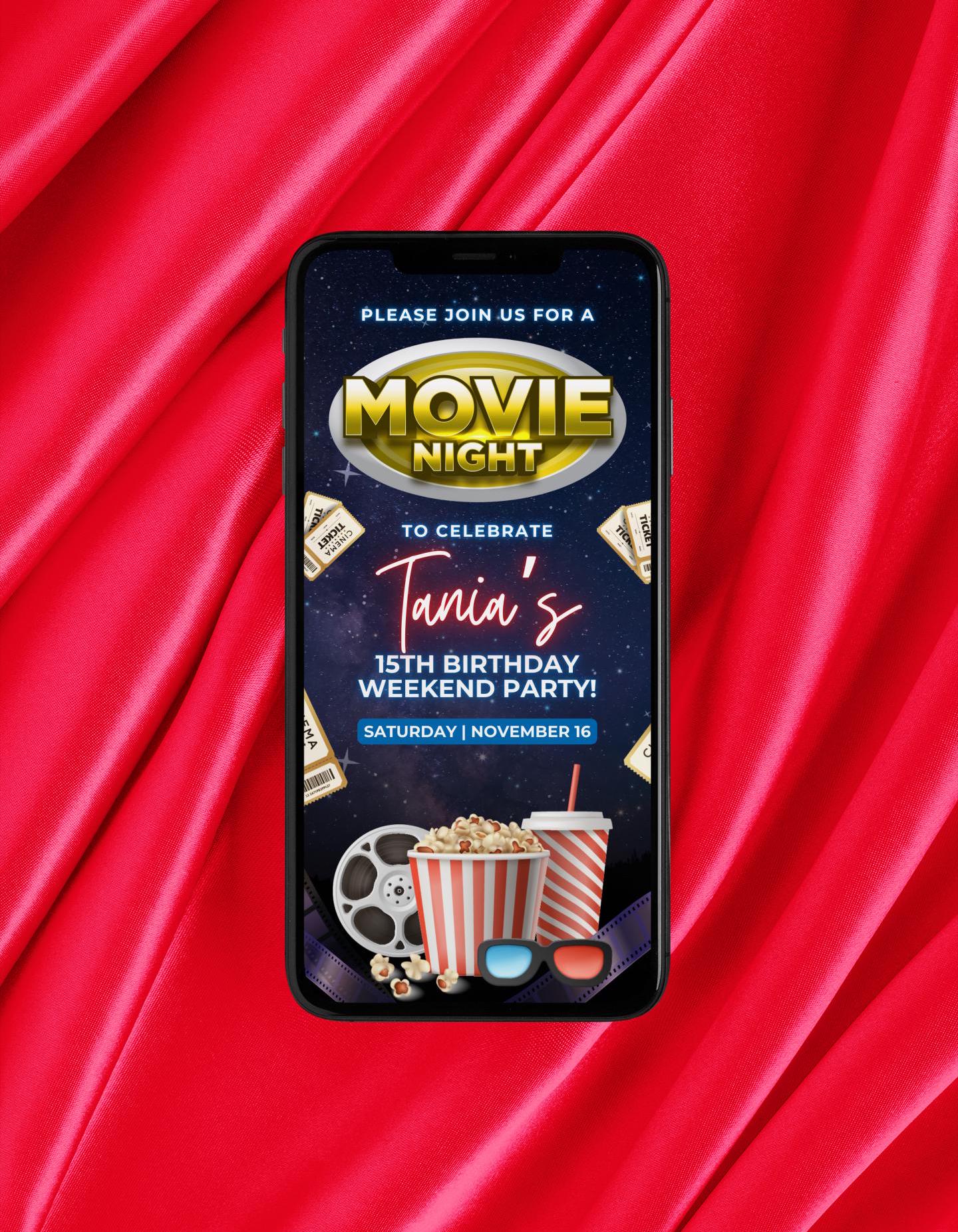 birthday party movie night animation cartoon fun family-friendly festive colorful exciting popcorn soda movie theater red carpet awards show costumes prizes games contests pop art vintage movie posters neon signs retro graphics