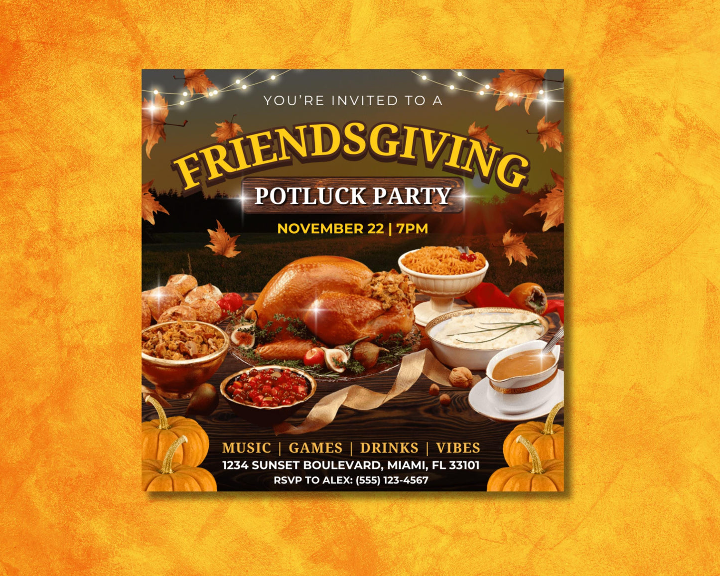 friendsgiving potluck thanksgiving dinner party friends family food drinks gather together celebrate autumn leaves turkey pumpkin cornucopia pilgrims indians table setting food spread music drinks potluck dishes decorations games activities rsvp now