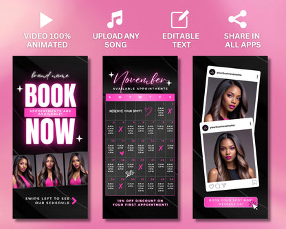 Animated booking template Beauty booking Salon booking Spa booking template online bookings Appointment Sleek online scheduling Eye-catching beauty booking Beauty salons Spa Hair salons Nail salons Makeup artists Beauty businesses Wellness businesses