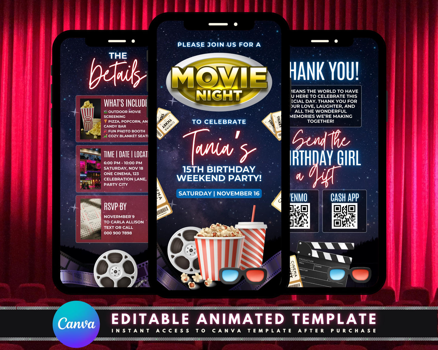 birthday party movie night animation cartoon fun family-friendly festive colorful exciting popcorn soda movie theater red carpet awards show costumes prizes games contests pop art vintage movie posters neon signs retro graphics