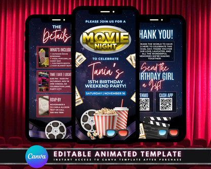 Birthday Party Movie Night Animation Cartoon Fun Family-Friendly Festive Colorful Exciting Popcorn Soda Movie Theater Red Carpet Awards Show Costumes Prizes Games Contests Pop Art Vintage Movie Posters Neon Signs Retro Graphics