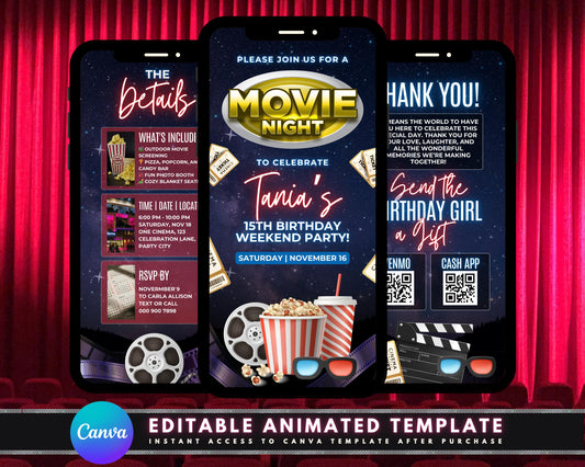 Birthday Party Movie Night Animation Cartoon Fun Family-Friendly Festive Colorful Exciting Popcorn Soda Movie Theater Red Carpet Awards Show Costumes Prizes Games Contests Pop Art Vintage Movie Posters Neon Signs Retro Graphics