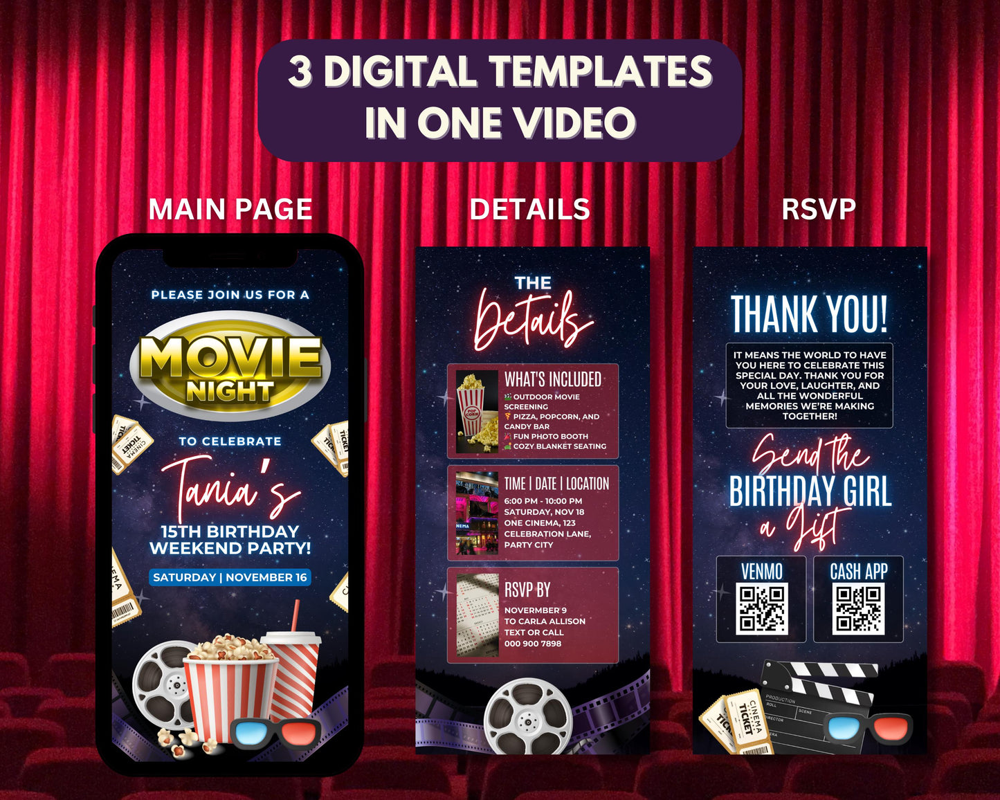 birthday party movie night animation cartoon fun family-friendly festive colorful exciting popcorn soda movie theater red carpet awards show costumes prizes games contests pop art vintage movie posters neon signs retro graphics