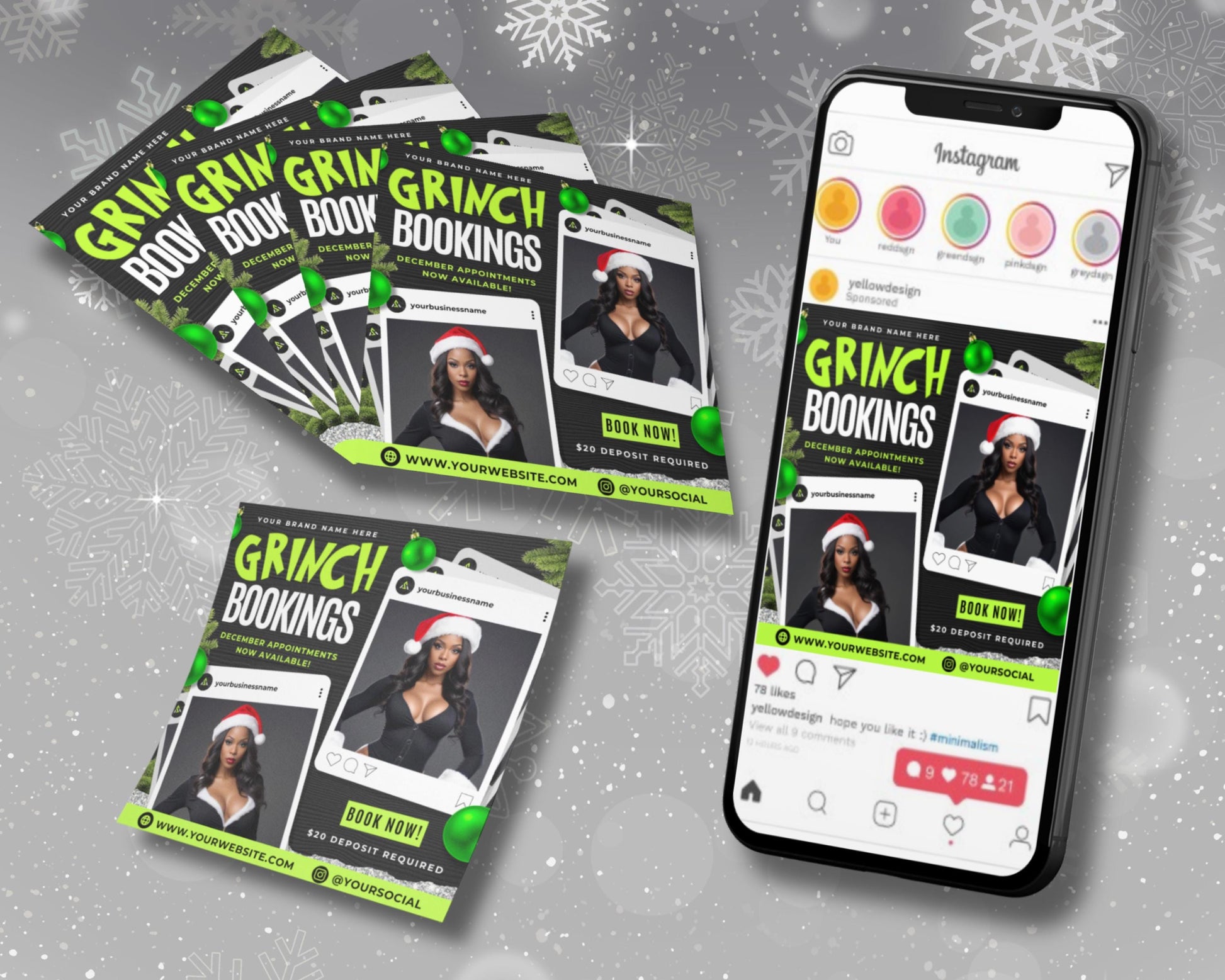 December Glam
Sleigh the Look
Whoville Glow
Steal the Spotlight
Naughty or Nice
Green with Envy
Holiday Glam
Get Gorgeous
Tame That Holiday Stress
Glamorous
Glow Like Cindy Lou Who
Holiday bookings
Christmas Sale
Hair deals 
Xmas hair appointments