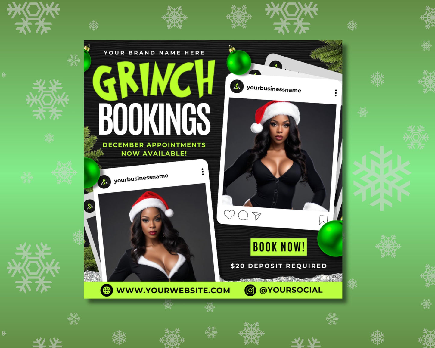 december glam
sleigh the look
whoville glow
steal the spotlight
naughty or nice
green with envy
holiday glam
get gorgeous
tame that holiday stress
glamorous
glow like cindy lou who
holiday bookings
christmas sale
hair deals 
xmas hair appointments