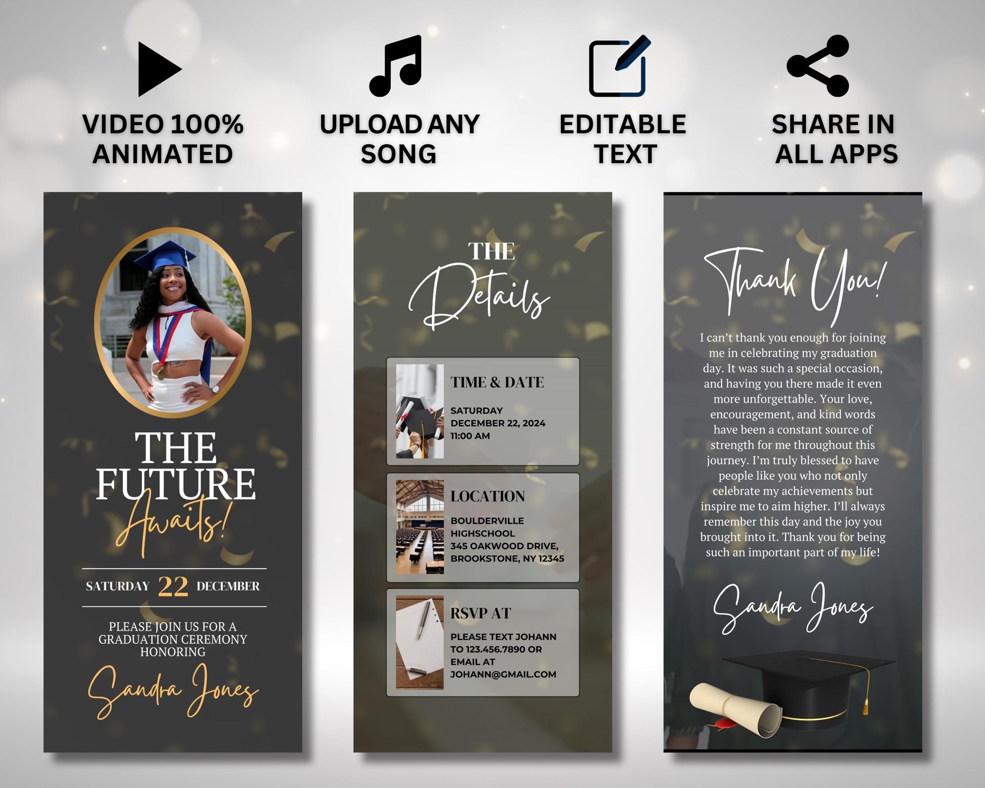 Graduation
Invite
Invitation
Video invitation
Animated invitation
E-invite
Digital invite
Ceremony
Celebration
Commencement
Party
Event
RSVP
Graduate
Future
Success
Achievement
Milestone
Graduation cap
Diploma
Graduation gown