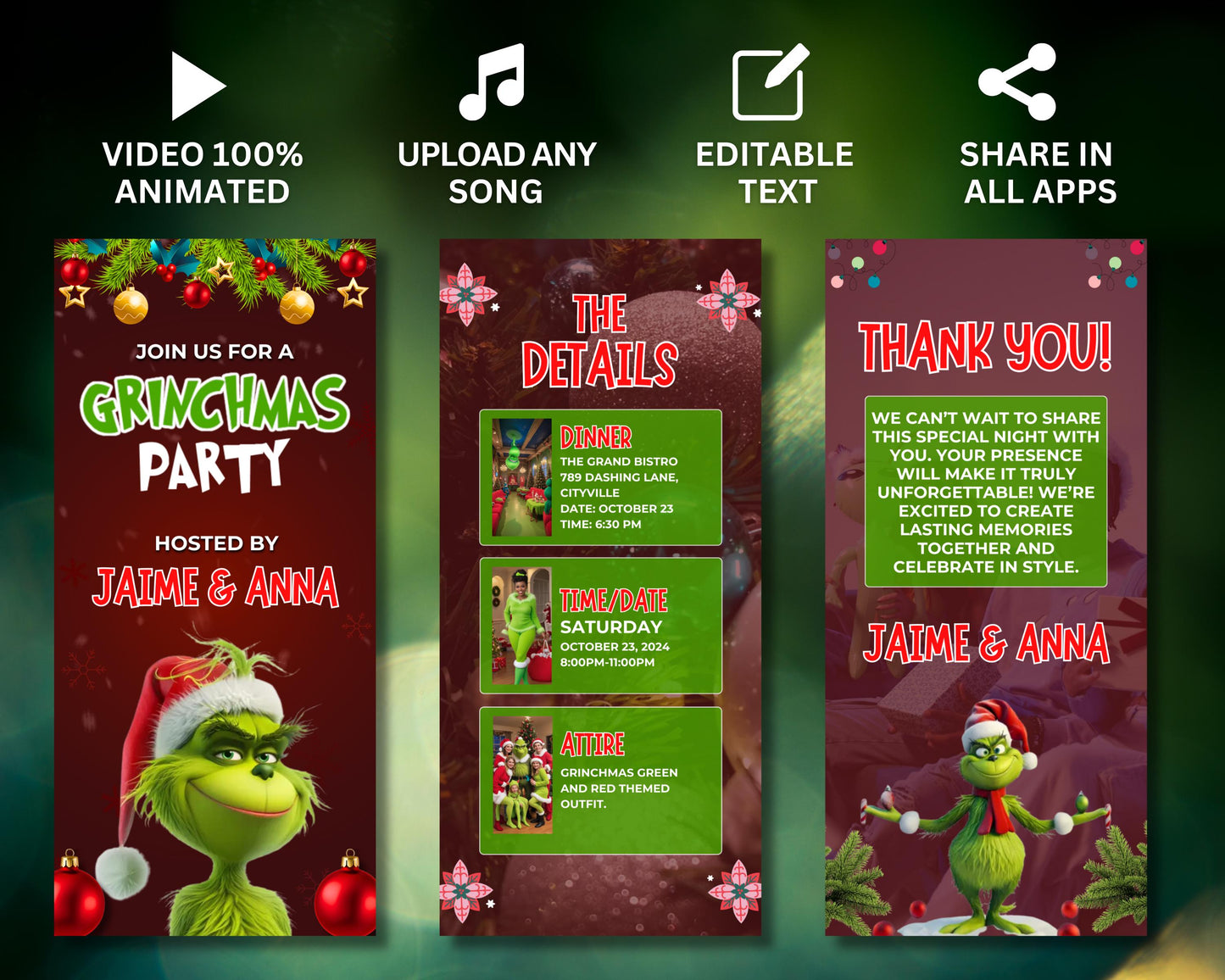 christmas
dinner
party
invitation
holiday
festive
cheerful
joyful
family
friends
gathering
celebration
tradition
friendsmas
winter
rsvp
grinch christmas
jingle
mingle
party
gifts
drinks
party host
christmas carol
grinchmas 
green red theme
grinch